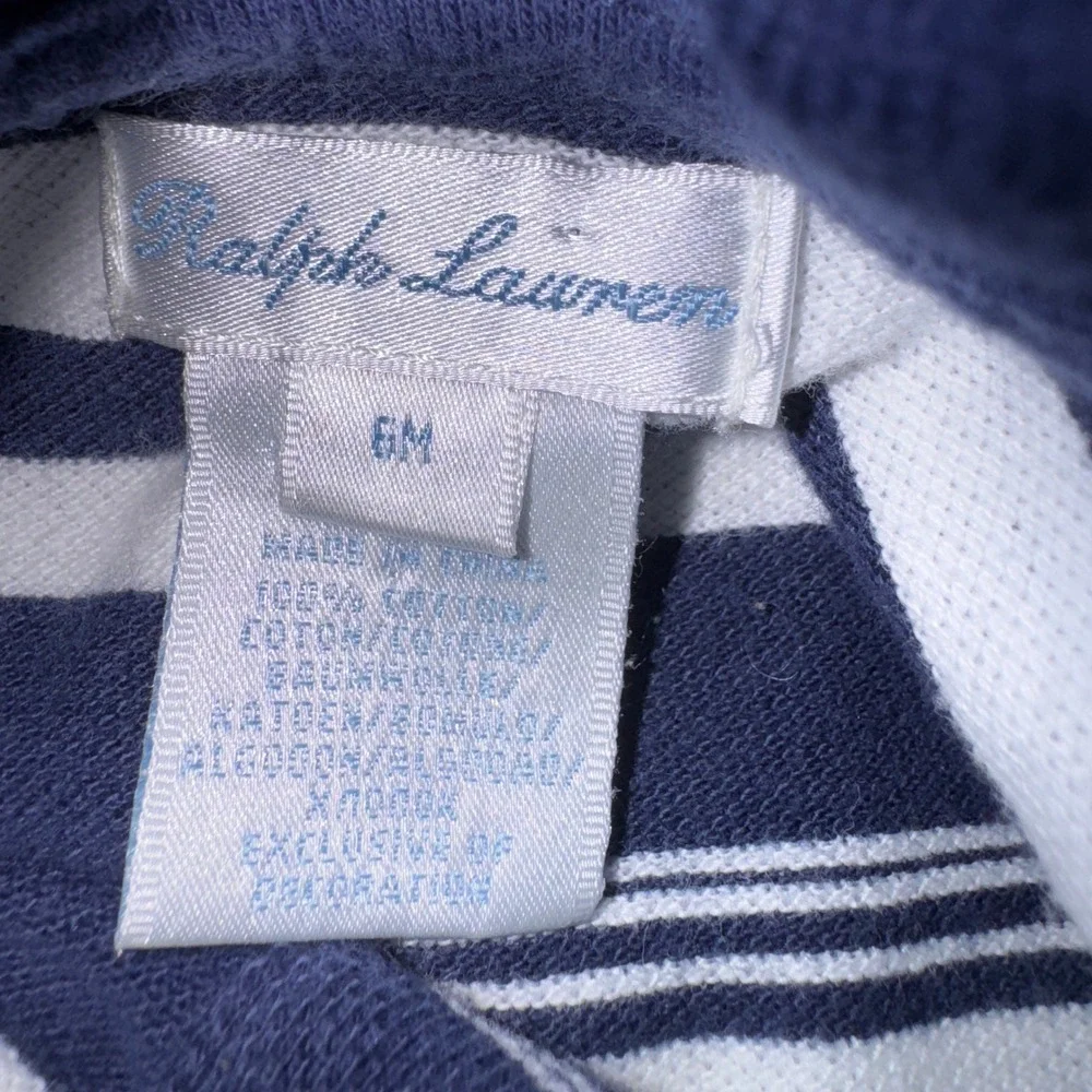 Ralph Lauren Baby Boy Navy White Striped Polo Romper 6M Short Sleeve Pony Logo